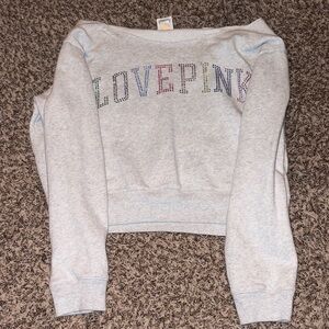 PINK Victoria’s Secret: Grey Rhinestone “Love Pink” Off the Shoulder Sweatshirt